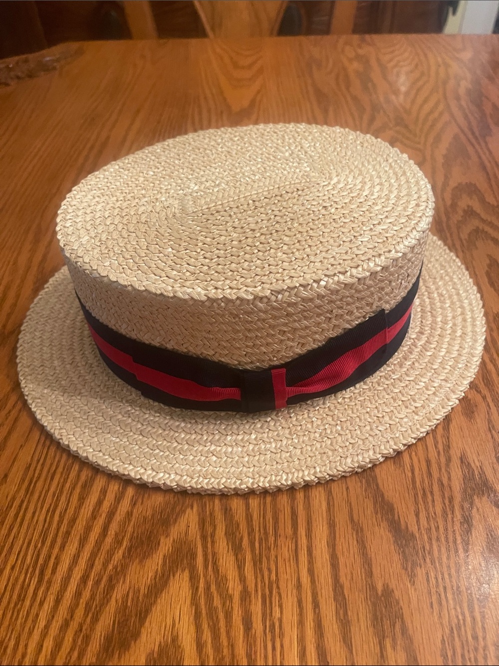 Straw Boater Hat with Black and Red Ribbon - Men